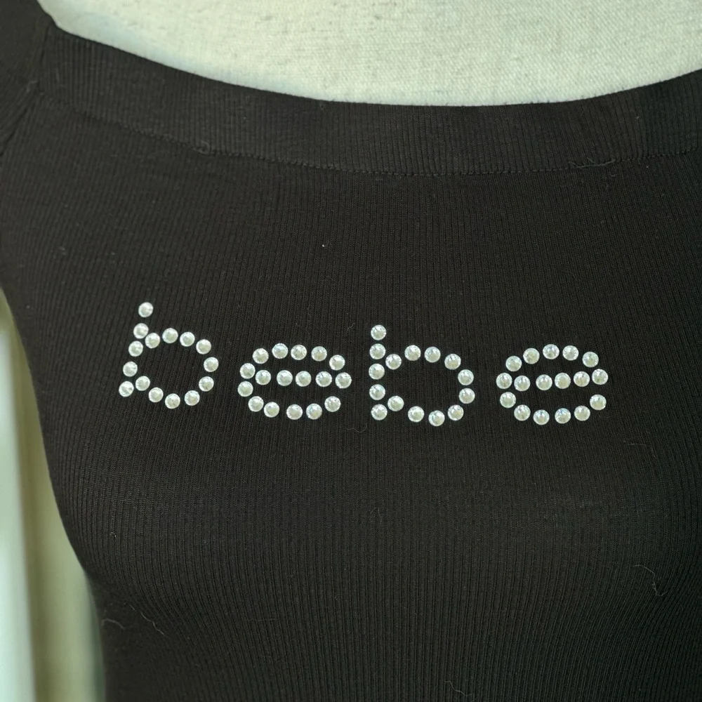 Bebe Black Mini Dress with Rhinestone Logo NWOT - Picture 5 of 6